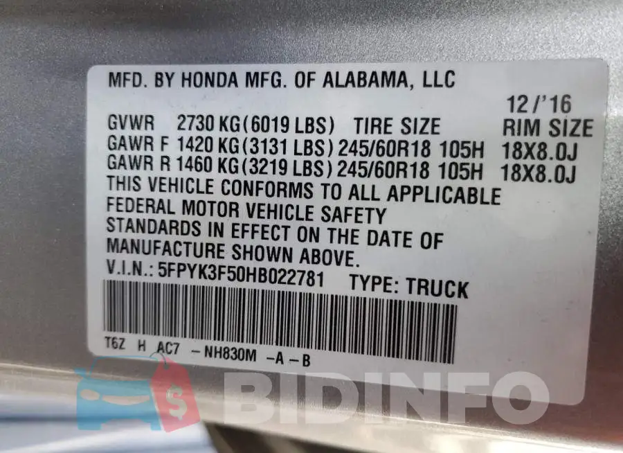 5FPYK3F50HB022781 Photo# 13