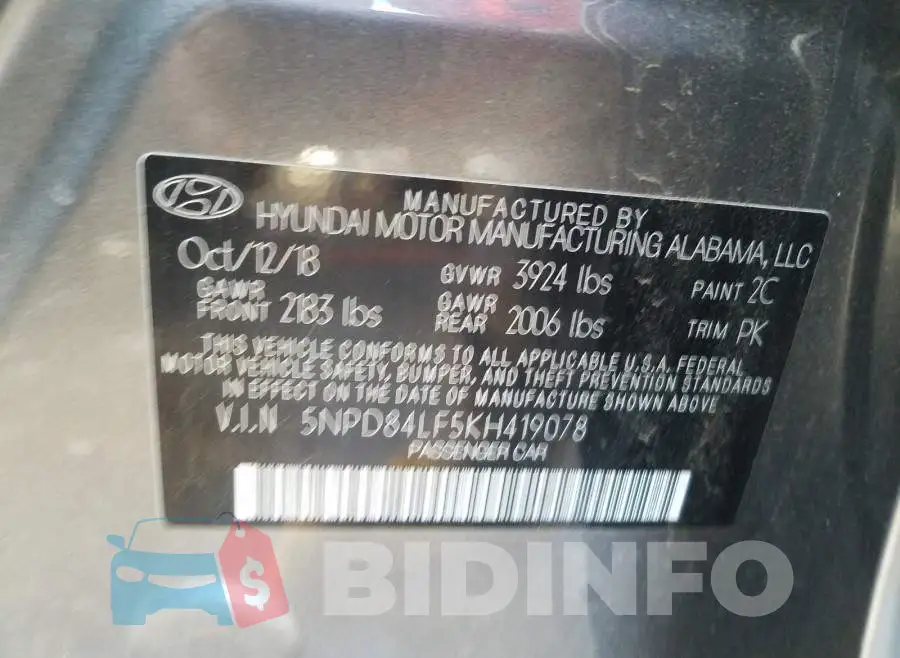 5NPD84LF5KH419078 Photo# 10