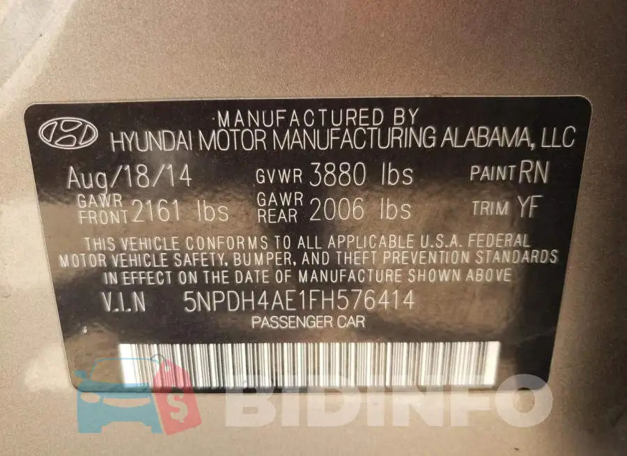 5NPDH4AE1FH576414 Photo# 12