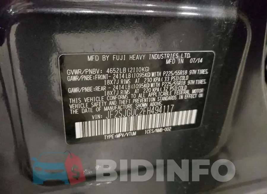 JF2SJGUC2FH494117 Photo# 10