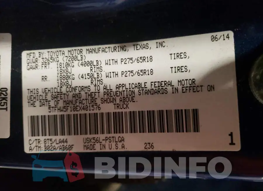 5TFHW5F10EX401576 Photo# 12