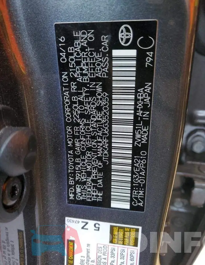 JTDKARFU6G3520359 Photo# 13