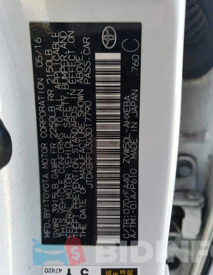 JTDKBRFU3G3017790 Photo# 12