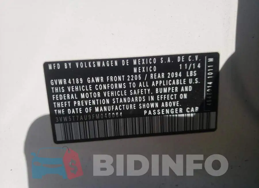 3VW5T7AU9FM046064 Photo# 12