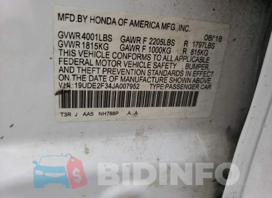 19UDE2F34JA007952 Photo# 12