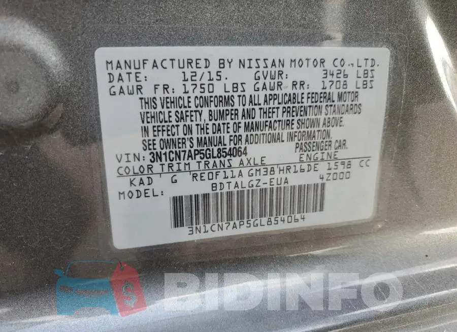 3N1CN7AP5GL854064 Photo# 13