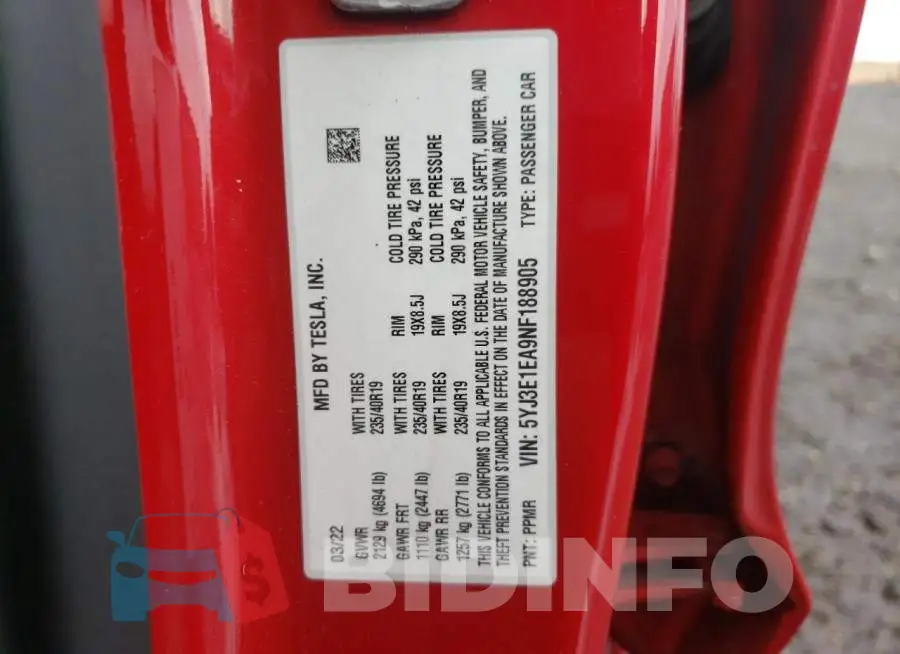 5YJ3E1EA9NF188905 Photo# 12