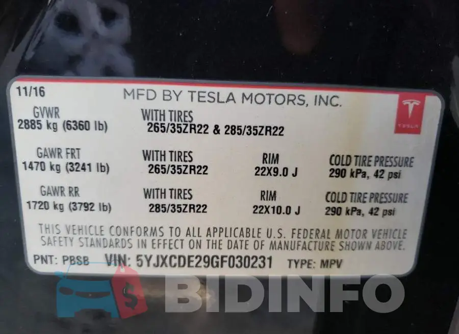 5YJXCDE29GF030231 Photo# 13