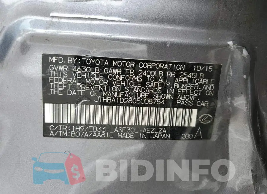 JTHBA1D28G5008754 Photo# 13