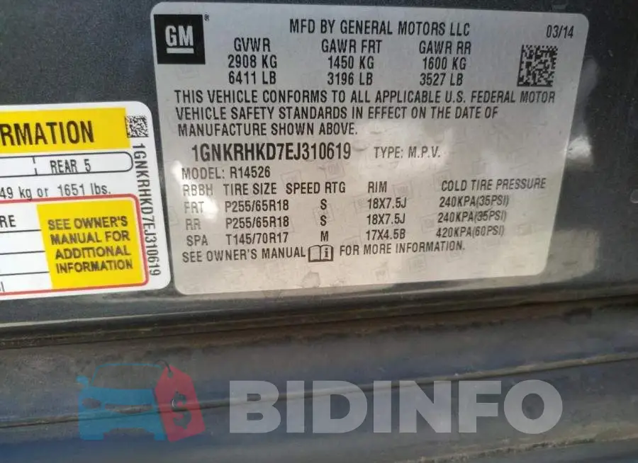 1GNKRHKD7EJ310619 Photo# 10