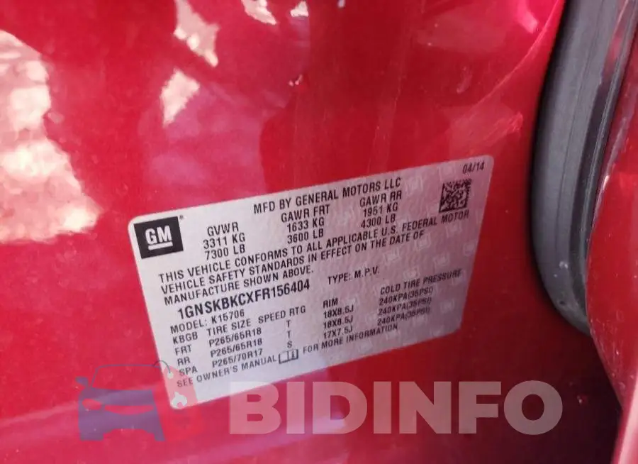 1GNSKBKCXFR156404 Photo# 13