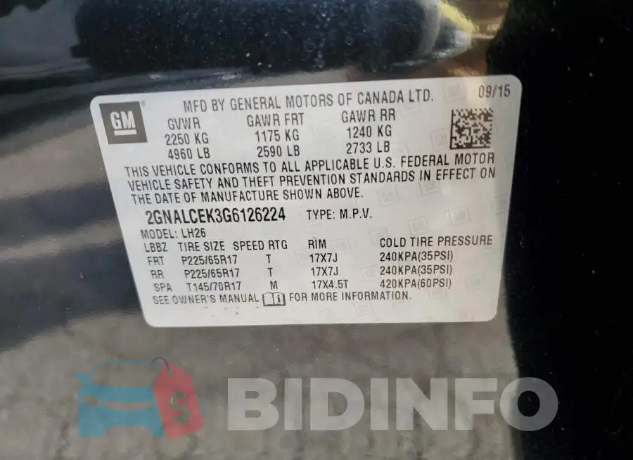 2GNALCEK3G6126224 Photo# 13
