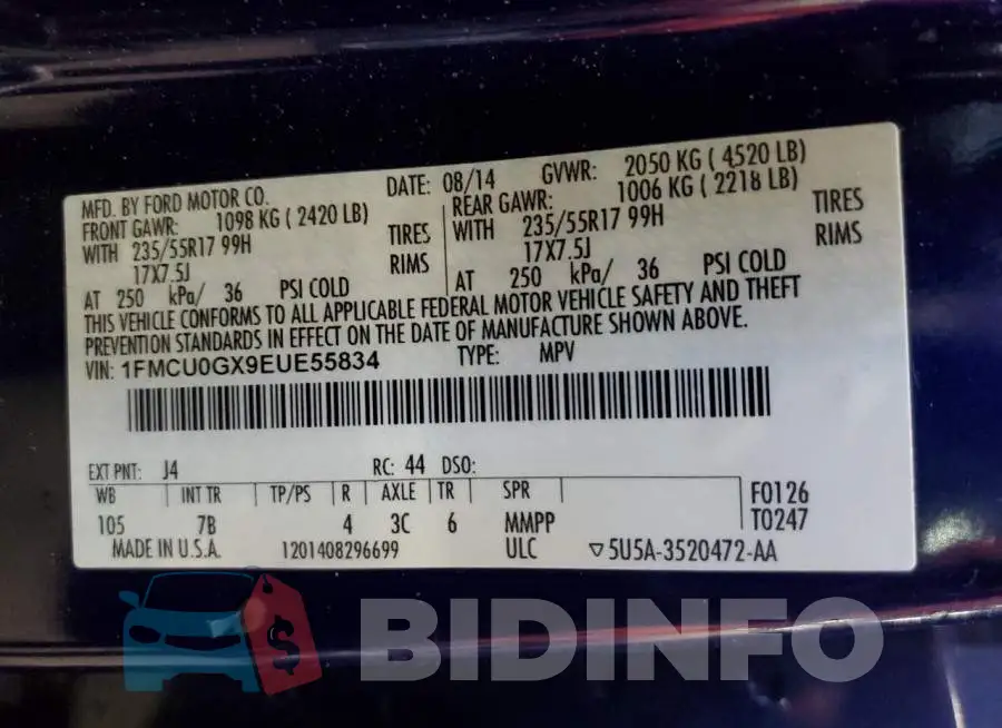 1FMCU0GX9EUE55834 Photo# 13