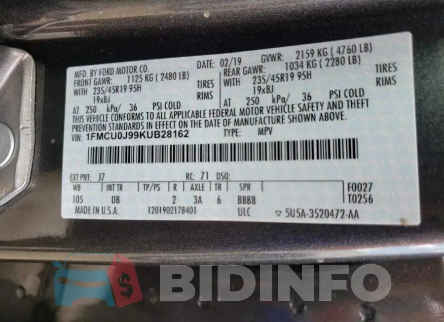 1FMCU0J99KUB28162 Photo# 10