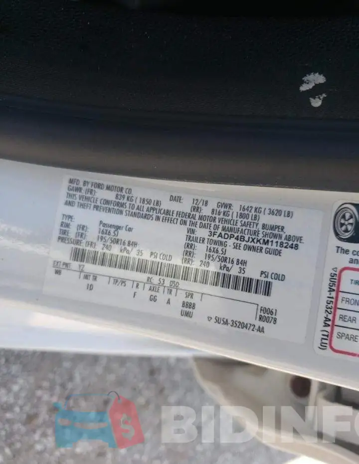 3FADP4BJXKM118248 Photo# 10