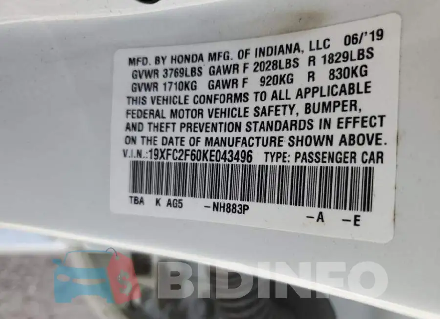 19XFC2F60KE043496 Photo# 13