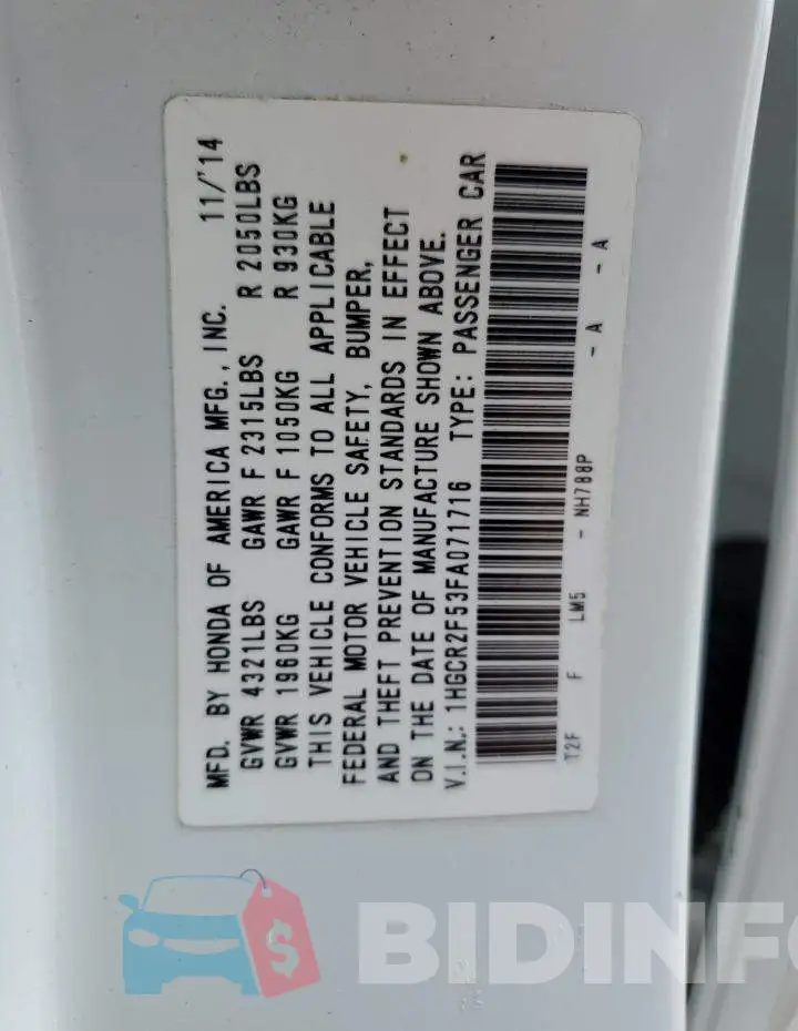 1HGCR2F53FA071716 Photo# 10