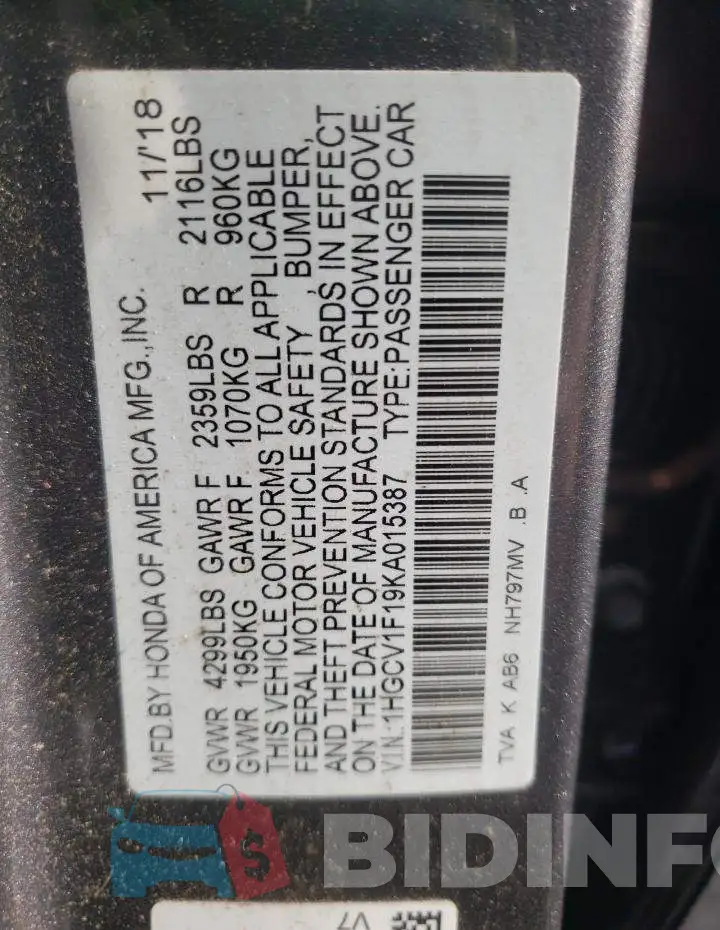 1HGCV1F19KA015387 Photo# 12