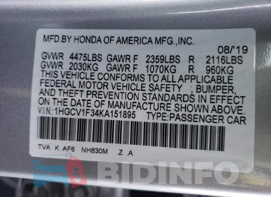 1HGCV1F34KA151895 Photo# 10