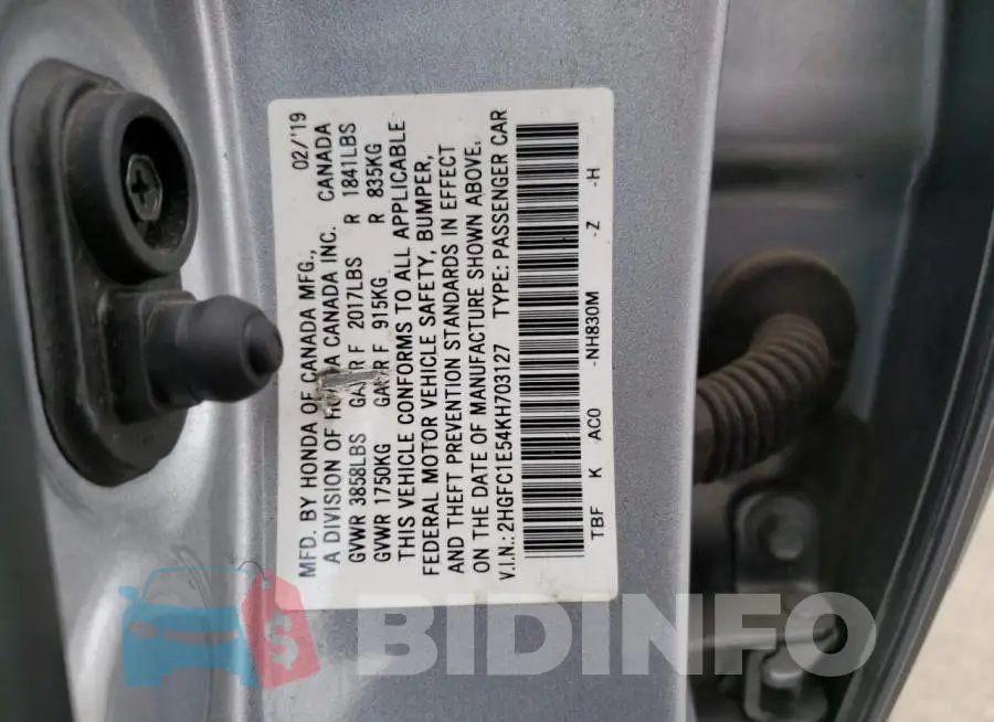 2HGFC1E54KH703127 Photo# 12