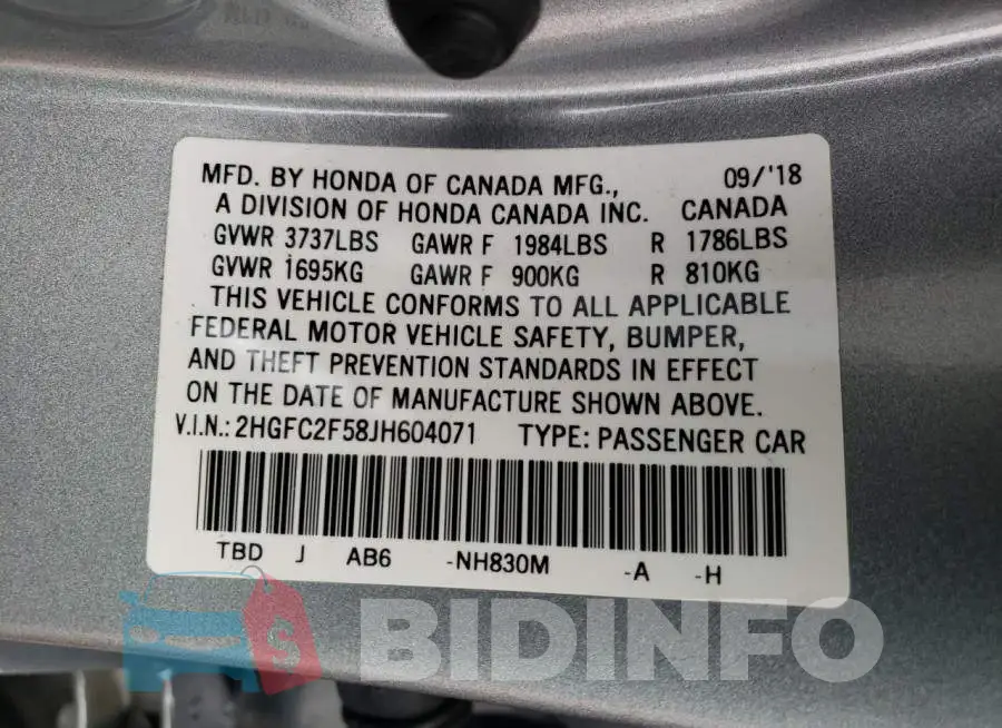 2HGFC2F58JH604071 Photo# 12