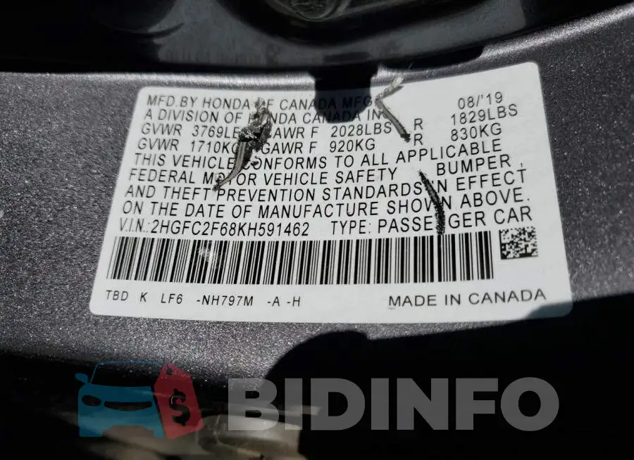 2HGFC2F68KH591462 Photo# 13