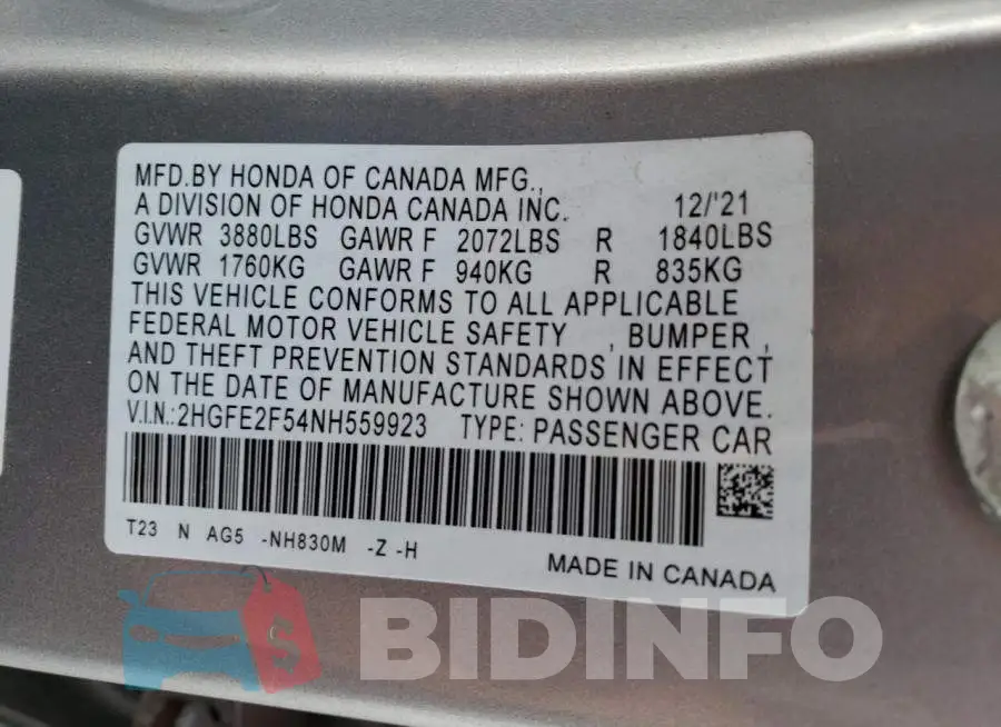 2HGFE2F54NH559923 Photo# 13