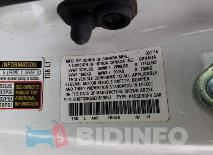 2HGFG3B50EH519053 Photo# 12