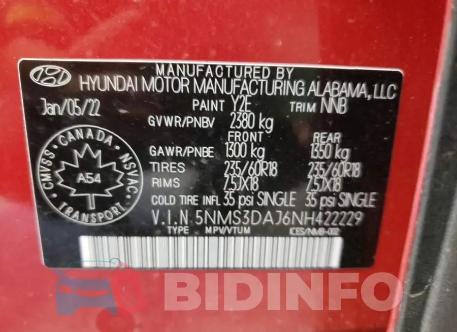 5NMS3DAJ6NH422229 Photo# 10