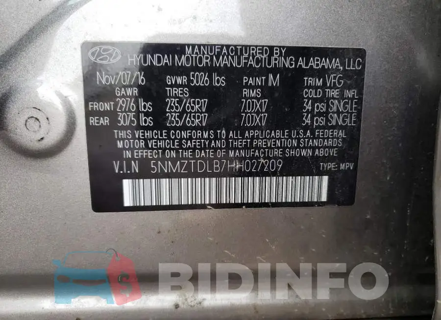 5NMZTDLB7HH027209 Photo# 13