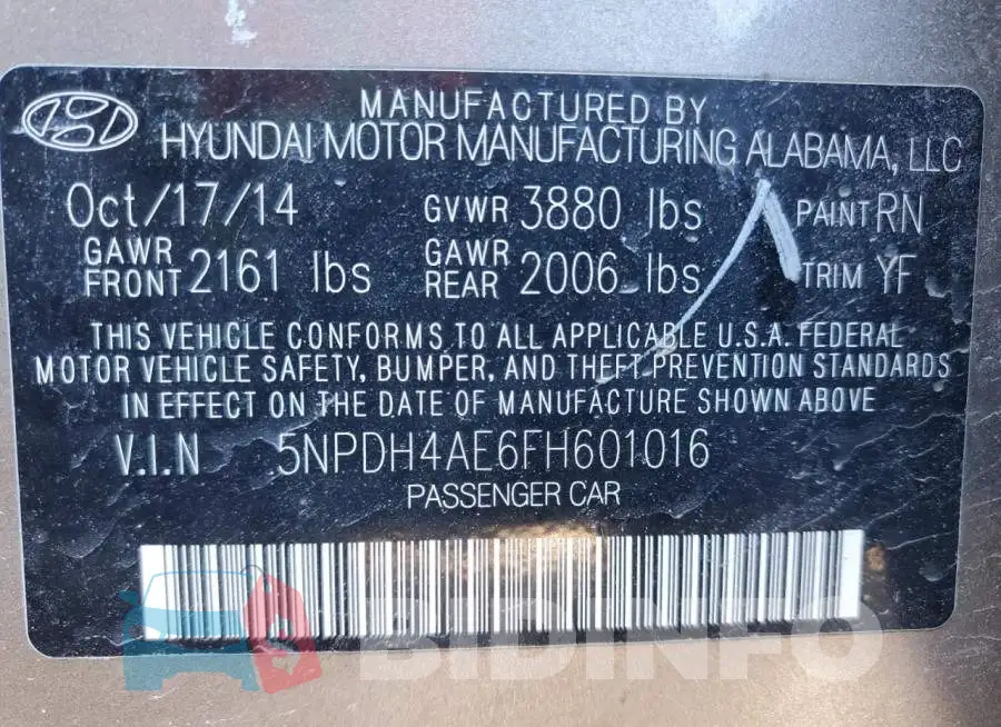 5NPDH4AE6FH601016 Photo# 12
