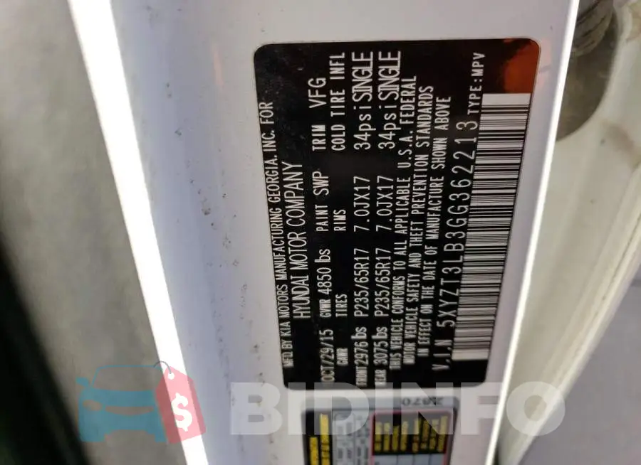 5XYZT3LB3GG362213 Photo# 13