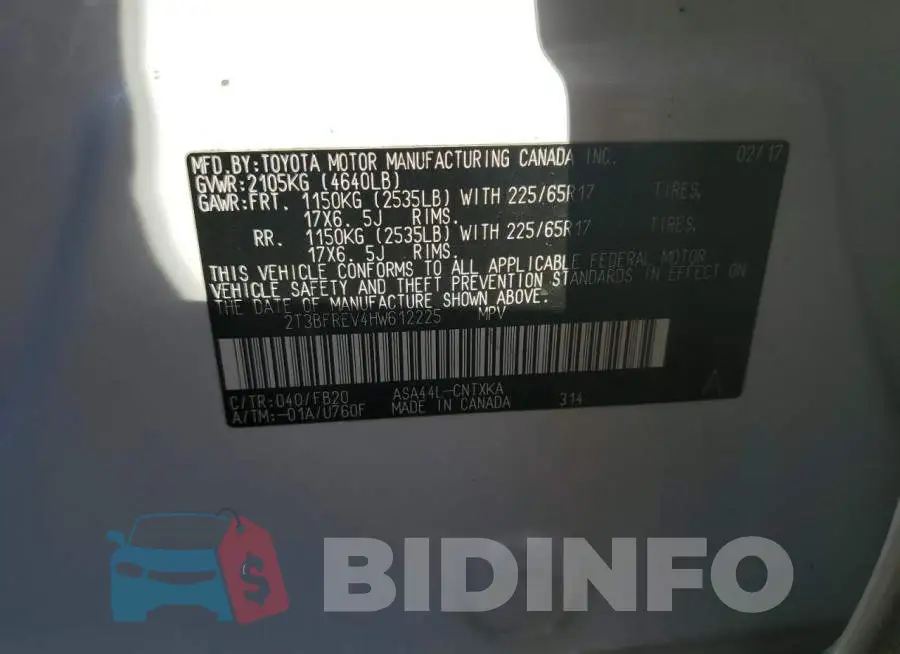 2T3BFREV4HW612225 Photo# 13