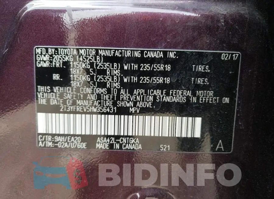 2T3YFREV5HW356431 Photo# 13