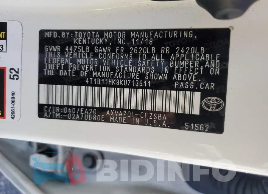 4T1B11HK8KU713611 Photo# 13