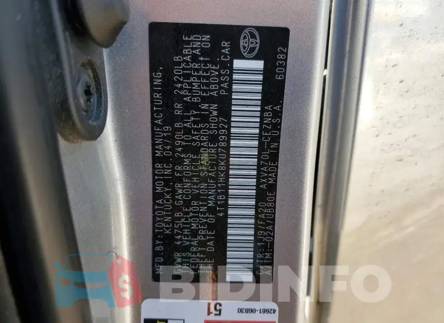 4T1B11HK8KU789927 Photo# 12