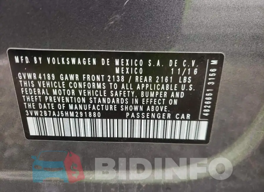 3VW2B7AJ5HM291880 Photo# 12