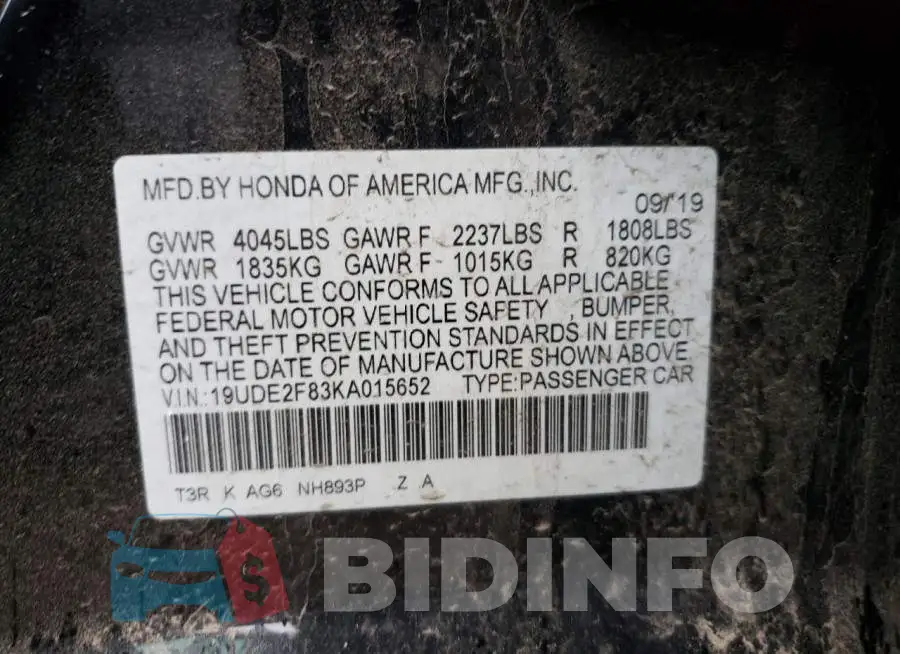 19UDE2F83KA015652 Photo# 12