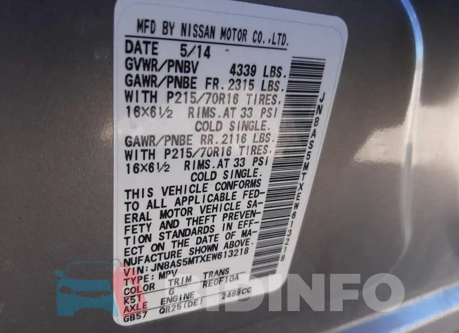 JN8AS5MTXEW613218 Photo# 14