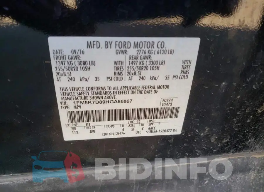 1FM5K7D89HGA86867 Photo# 13