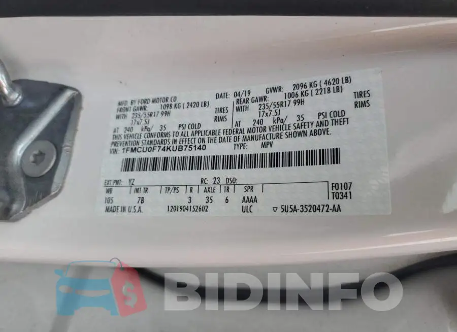 1FMCU0F74KUB75140 Photo# 13