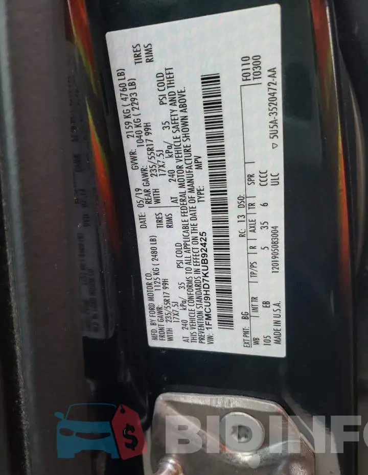 1FMCU9HD7KUB92425 Photo# 13