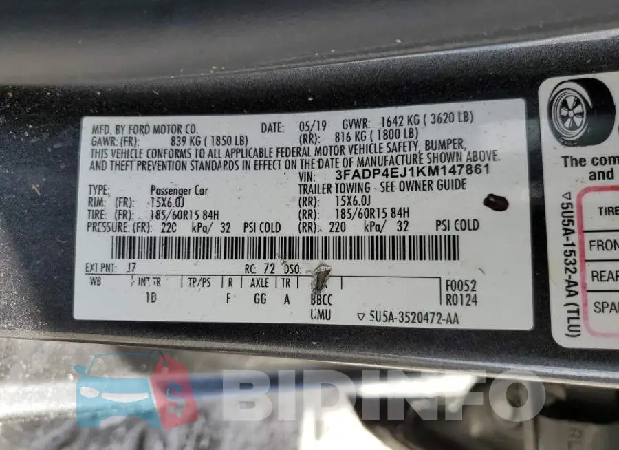 3FADP4EJ1KM147861 Photo# 10