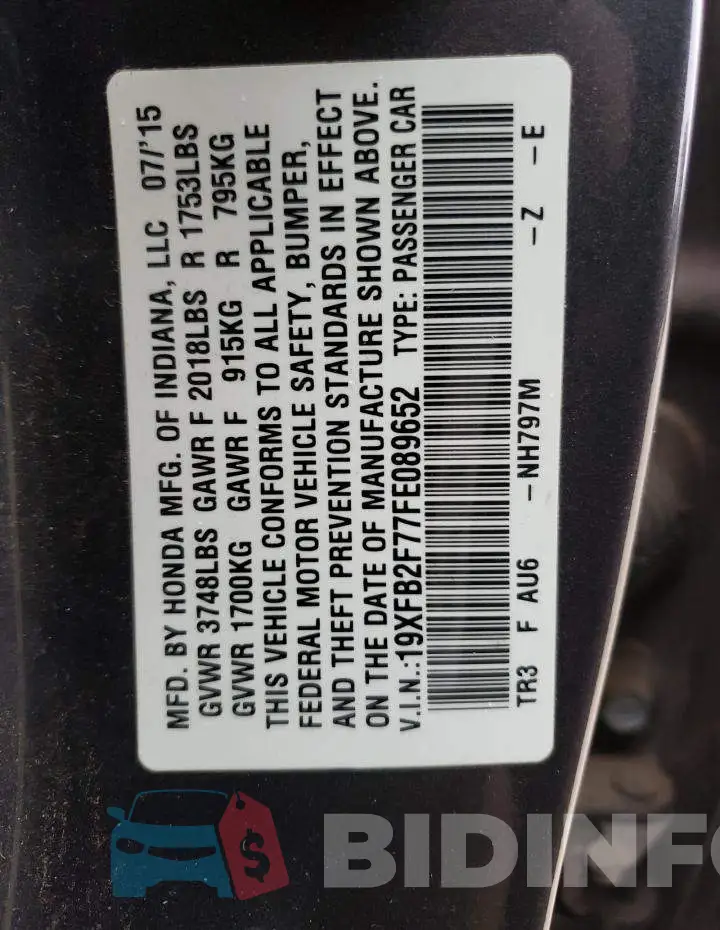 19XFB2F77FE089652 Photo# 13