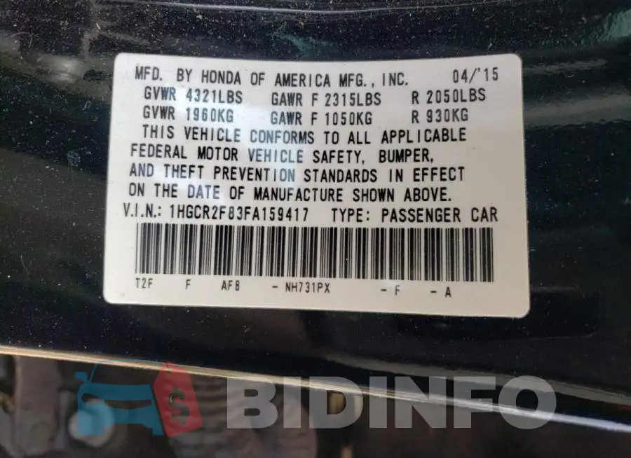 1HGCR2F83FA159417 Photo# 12