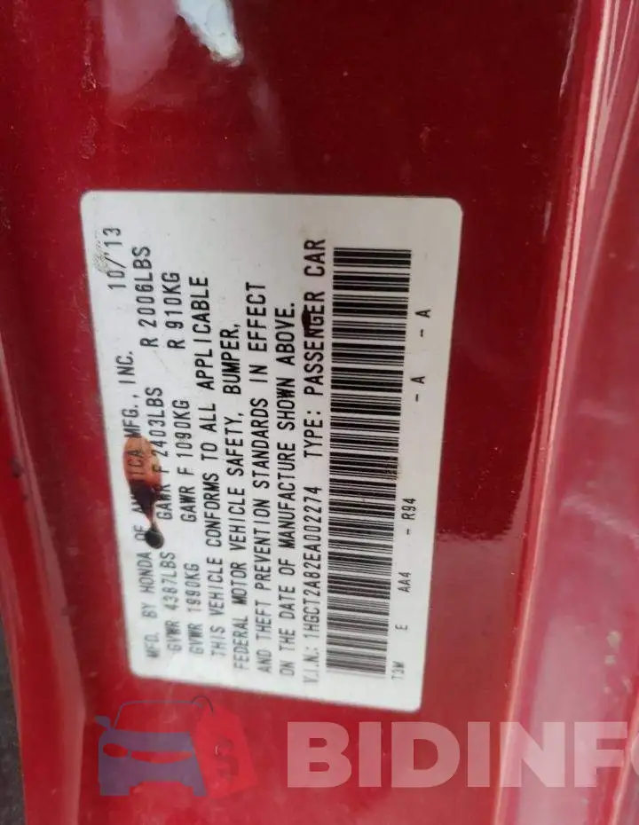 1HGCT2A82EA002274 Photo# 10