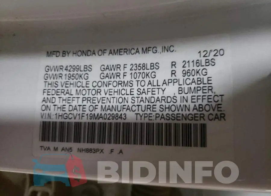 1HGCV1F19MA029843 Photo# 12