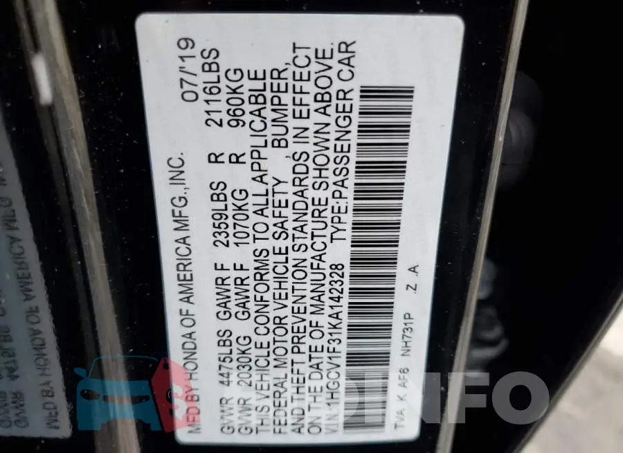 1HGCV1F31KA142328 Photo# 13