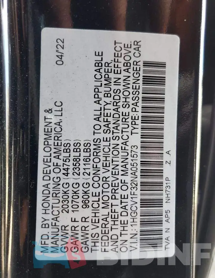 1HGCV1F32NA051573 Photo# 12