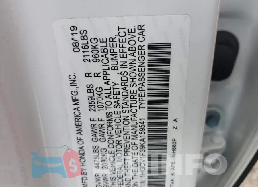 1HGCV1F39KA159541 Photo# 10